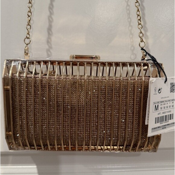 Zara Limited Edition Rhinestones Metallic Golden Cage Style Box Clutch Bag Chain - Picture 11 of 14